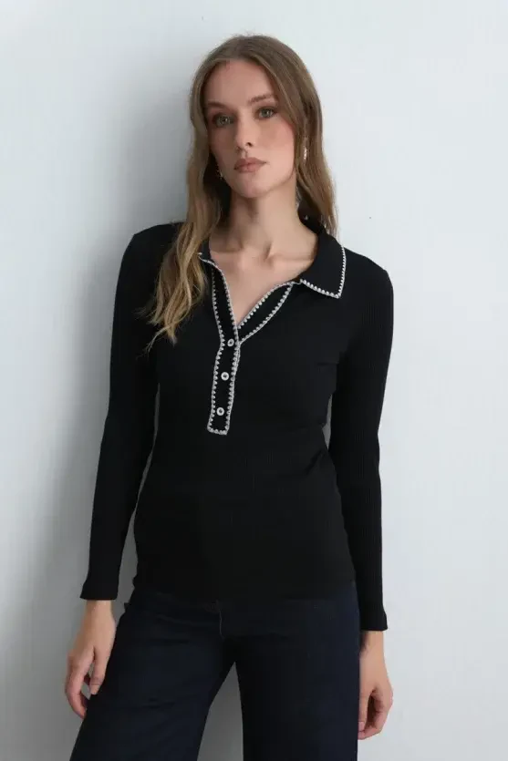 Polo Collar Embroidered Ribbed Blouse - Black - 2