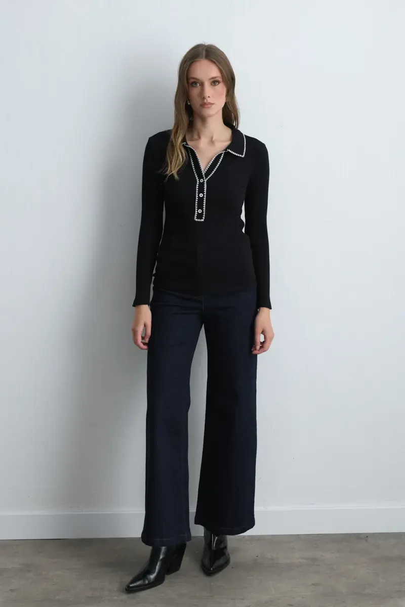 Polo Collar Embroidered Ribbed Blouse - Black - 1