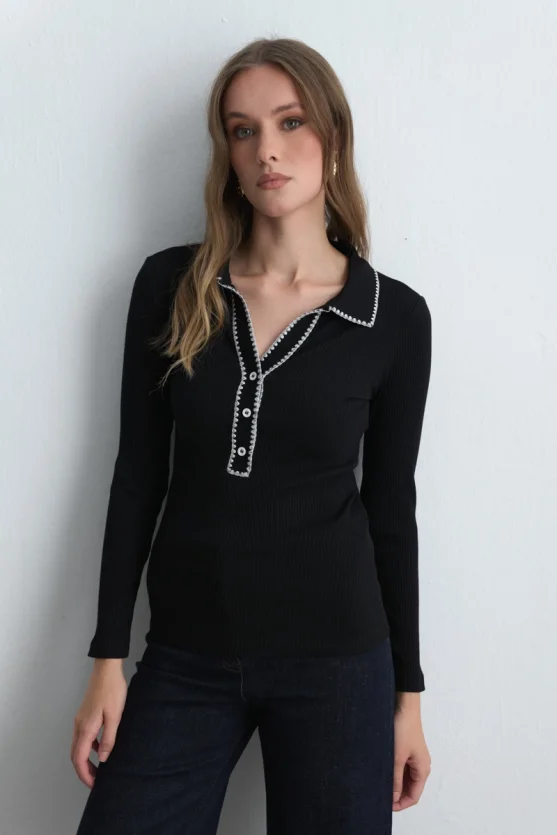 Polo Collar Embroidered Ribbed Blouse Black - 2