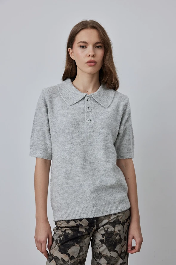 Polo Collar Knit Sweater - Grey - 3