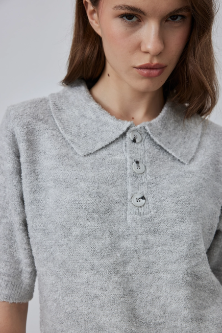 Polo Collar Knit Sweater - Grey Gray