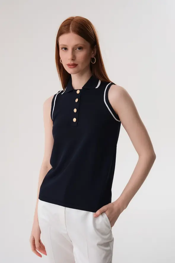 Polo Collar Mercerized Knitwear - Navy Blue - 1