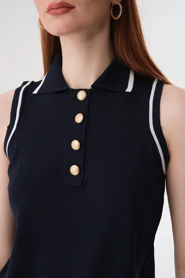 Polo Collar Mercerized Knitwear - Navy Blue - 3