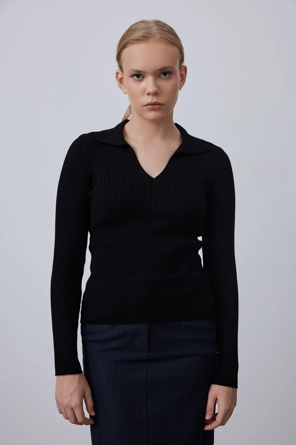 Polo Collar Rib Knitwear - Black - 1