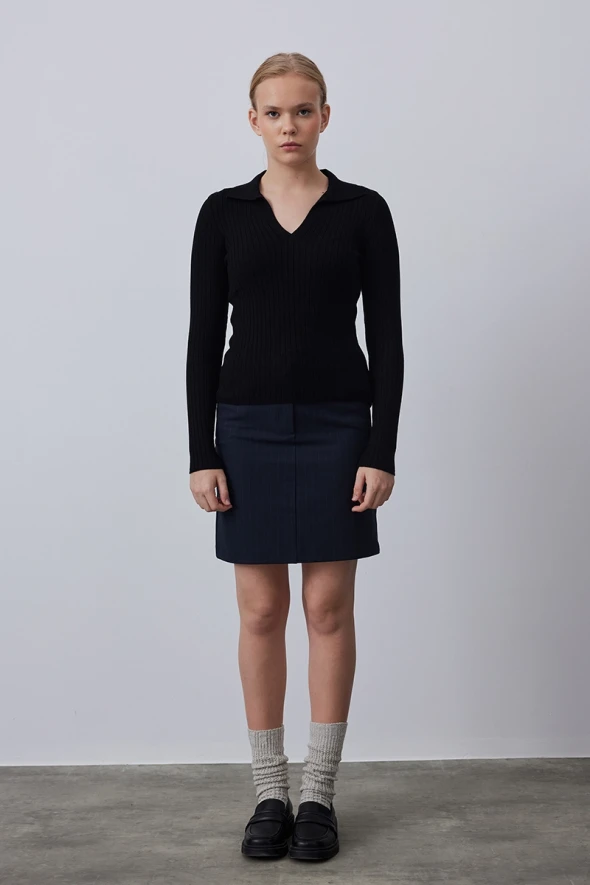 Polo Collar Rib Knitwear - Black - 2