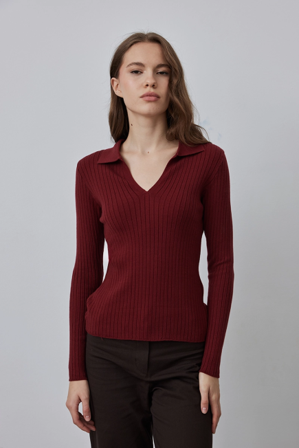 Polo Collar Rib Knitwear - Burgundy Burgundy