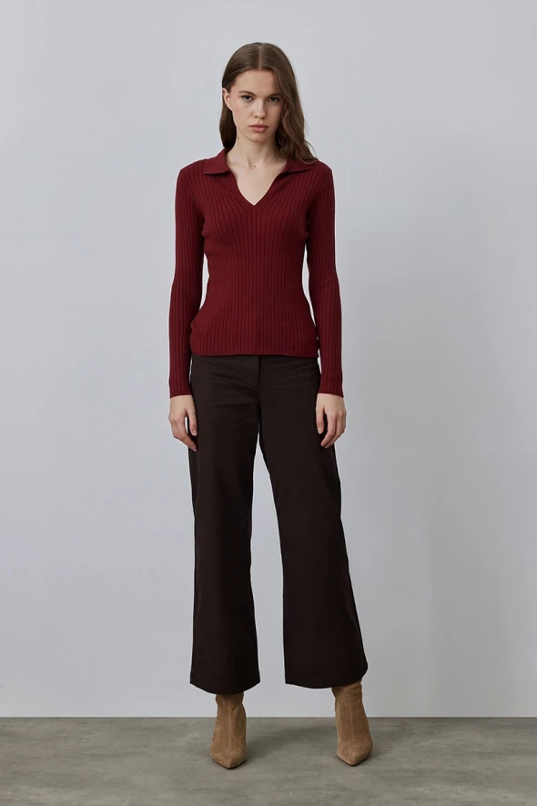 Polo Collar Rib Knitwear - Burgundy - 2