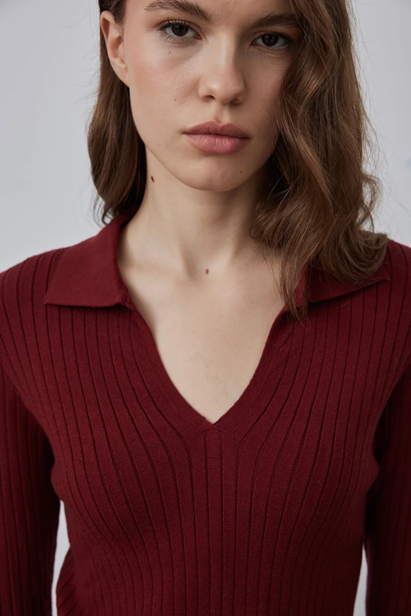 Polo Collar Rib Knitwear - Burgundy - 3