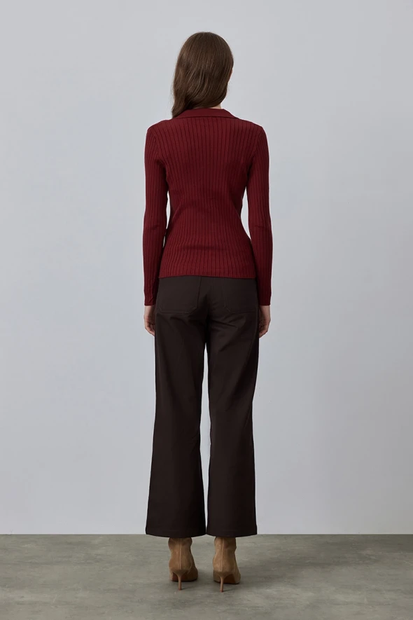 Polo Collar Rib Knitwear - Burgundy - 4