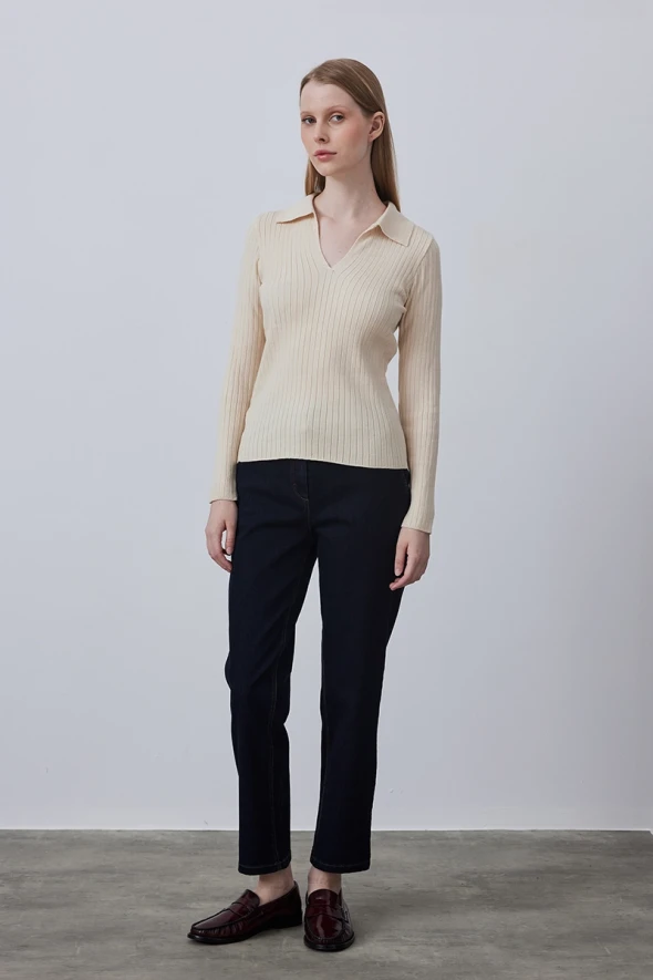 Polo Collar Rib Knitwear - Ecru - 2