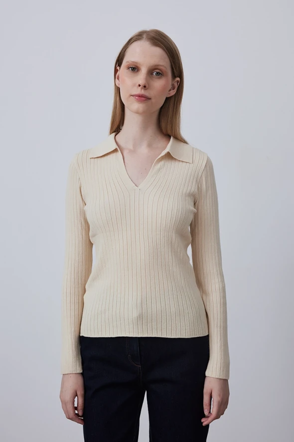 Polo Collar Rib Knitwear - Ecru - 3