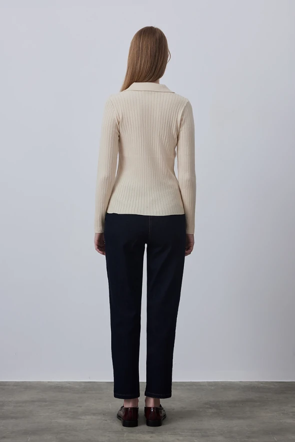 Polo Collar Rib Knitwear - Ecru - 4