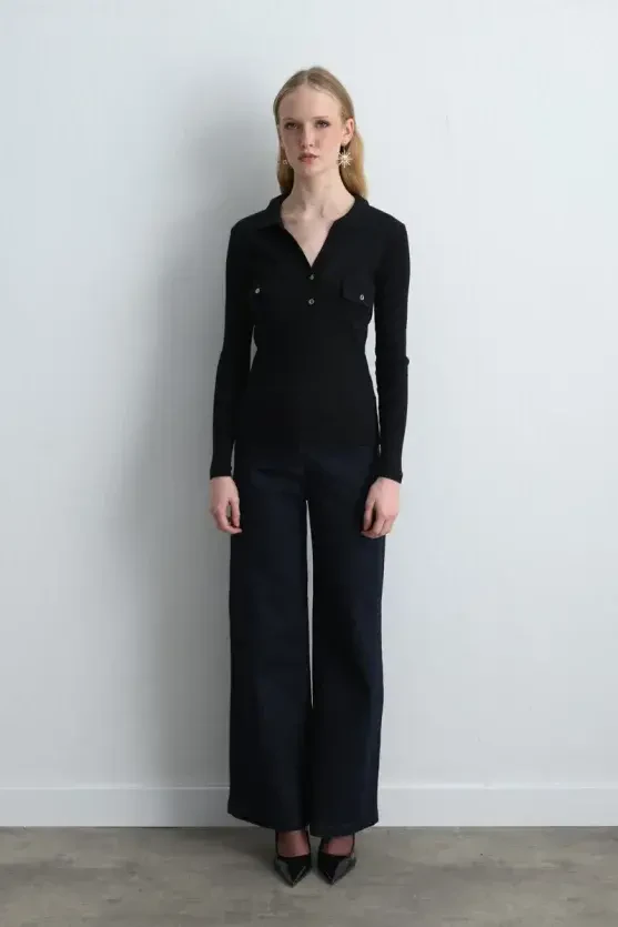 Polo Collar Ribbed Blouse - Black - Gusto