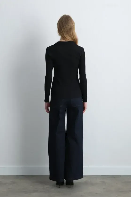 Polo Collar Ribbed Blouse - Black - 5