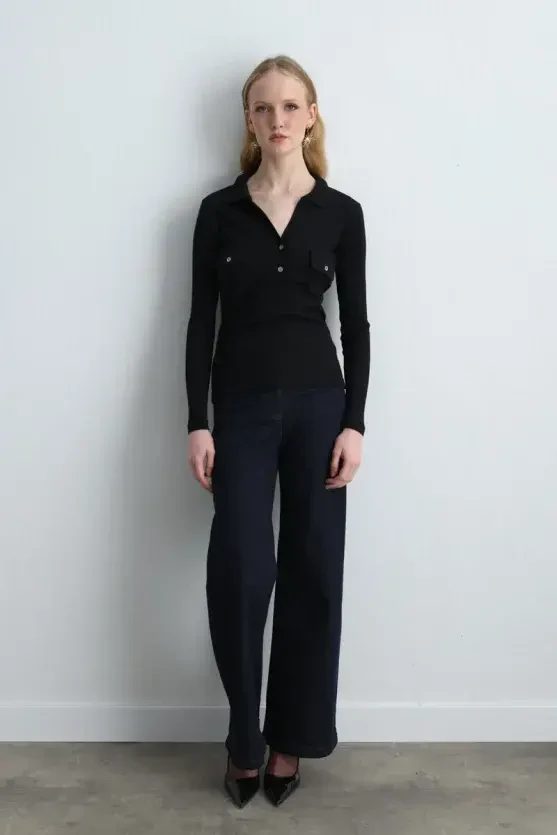 Polo Collar Ribbed Blouse - Black - Gusto