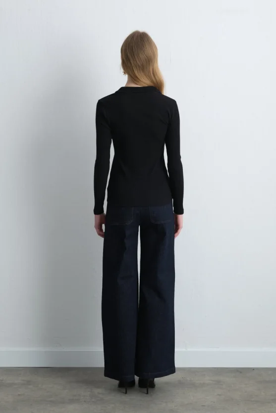 Polo Collar Ribbed Blouse Black - Gusto