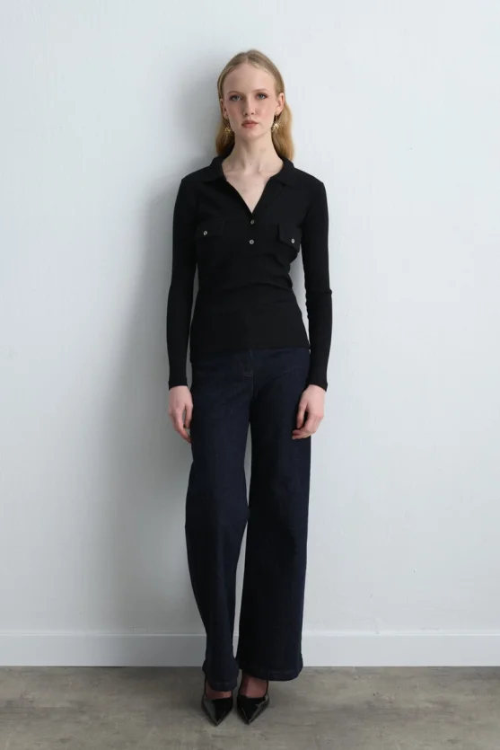 Polo Collar Ribbed Blouse Black - Gusto