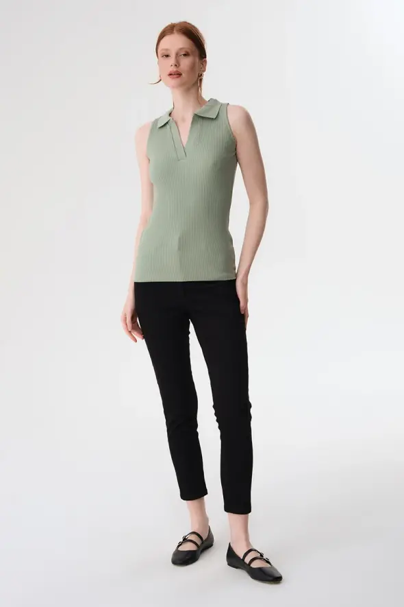Polo Collar Ribbed Blouse - Mint - 2