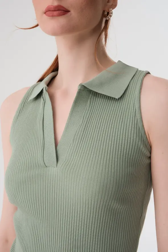Polo Collar Ribbed Blouse - Mint - 3