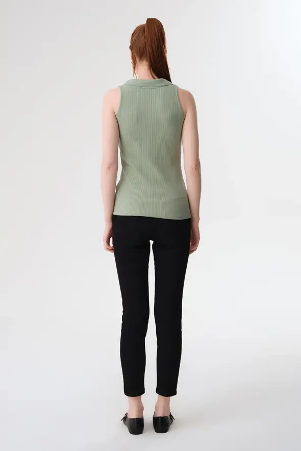Polo Collar Ribbed Blouse - Mint - 4