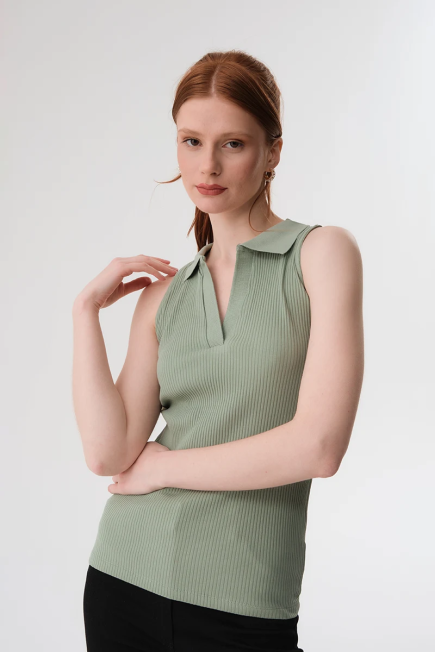 Polo Collar Ribbed Blouse - Mint Mint