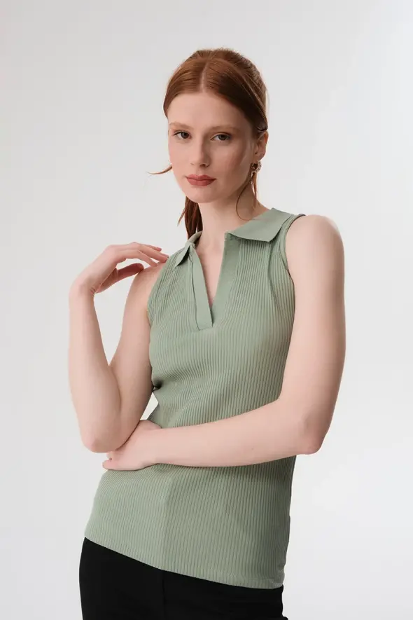 Polo Collar Ribbed Blouse - Mint - 1