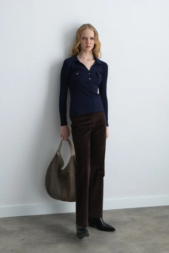 Polo Collar Ribbed Blouse - Navy Blue - 1