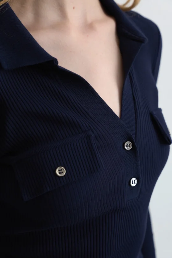 Polo Collar Ribbed Blouse Navy Blue - Gusto