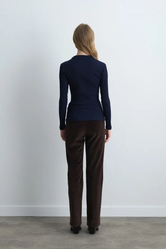 Polo Collar Ribbed Blouse Navy Blue - Gusto