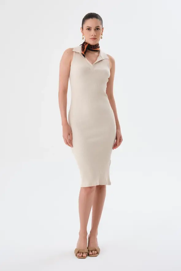 Polo Collar Ribbed Dress - Beige - 2