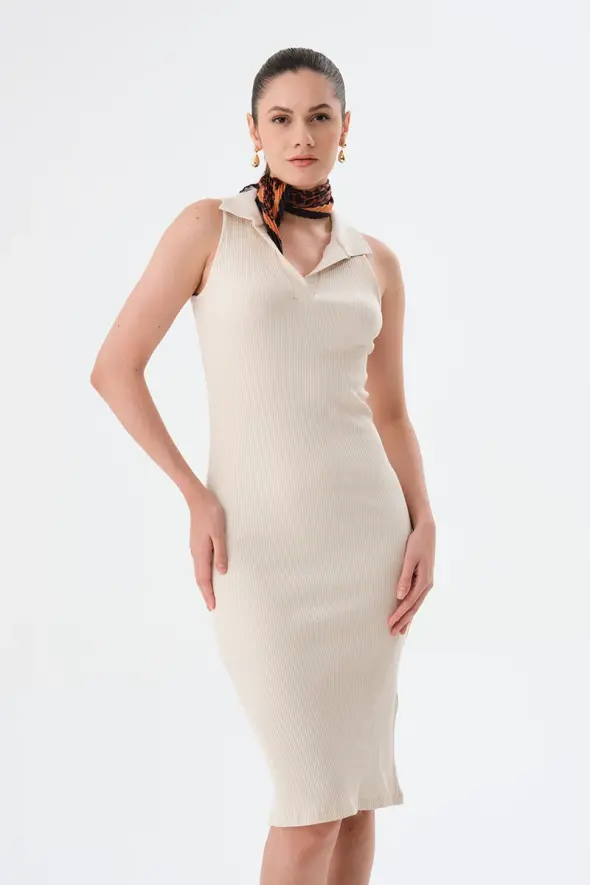 Polo Collar Ribbed Dress - Beige - 1
