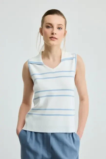 Polo Collar Striped Knit Blouse - Ecru Ecru