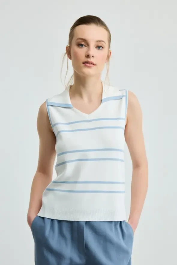 Polo Collar Striped Knit Blouse - Ecru - 1
