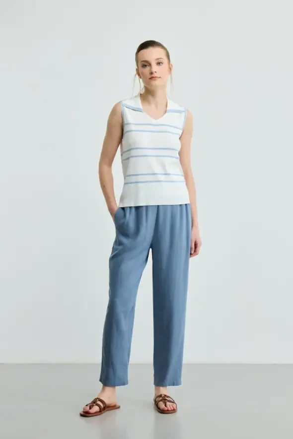 Polo Collar Striped Knit Blouse - Ecru - 2