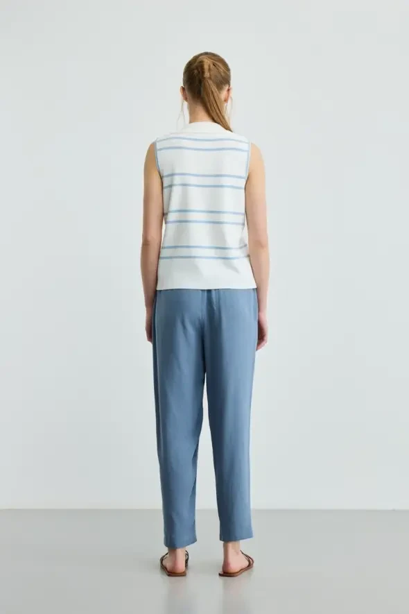 Polo Collar Striped Knit Blouse - Ecru - 4