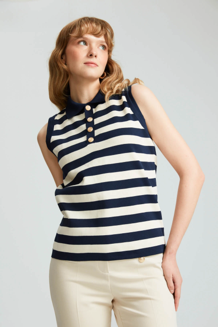 Polo Collar Striped Knitwear with Gold Buttons - Navy Blue Navy Blue