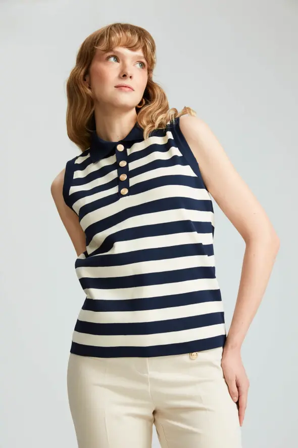 Polo Collar Striped Knitwear with Gold Buttons - Navy Blue - 1
