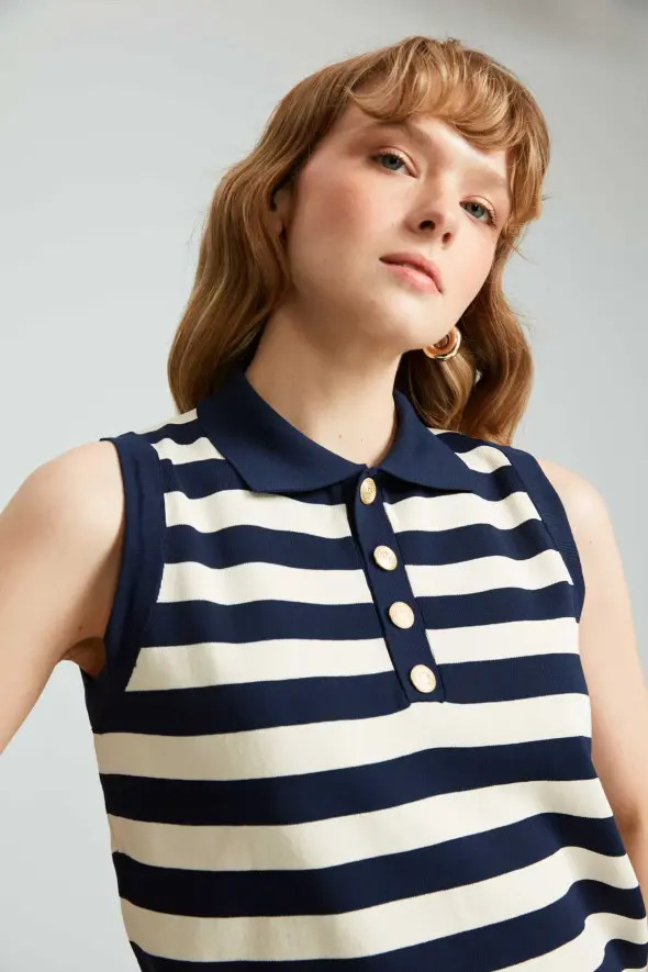 Polo Collar Striped Knitwear with Gold Buttons - Navy Blue - 4