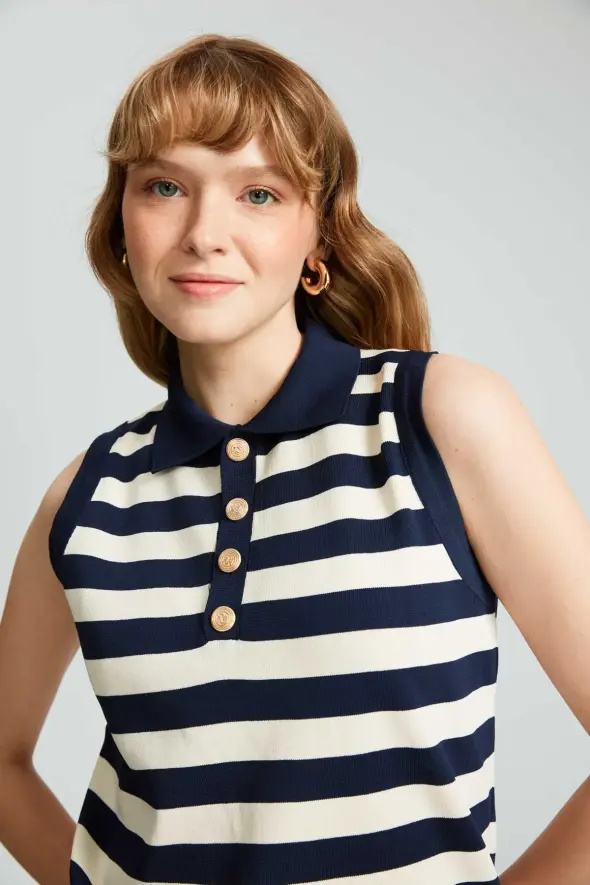 Polo Collar Striped Knitwear with Gold Buttons - Navy Blue - 5