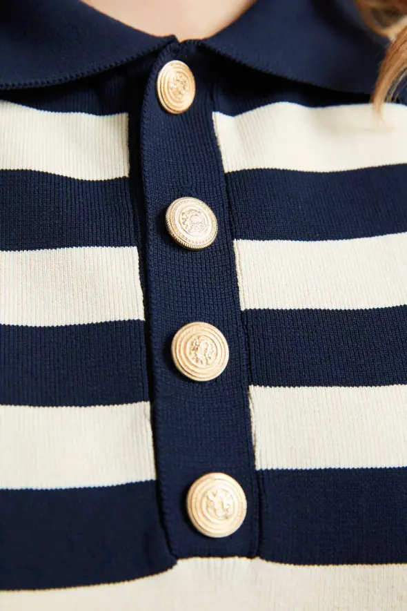 Polo Collar Striped Knitwear with Gold Buttons - Navy Blue - 6