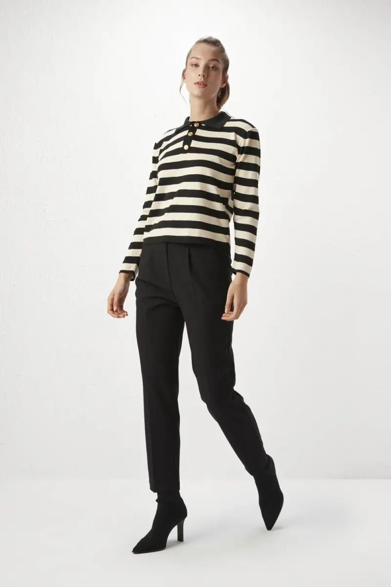 Polo Collar Striped Sweater - Black - 2