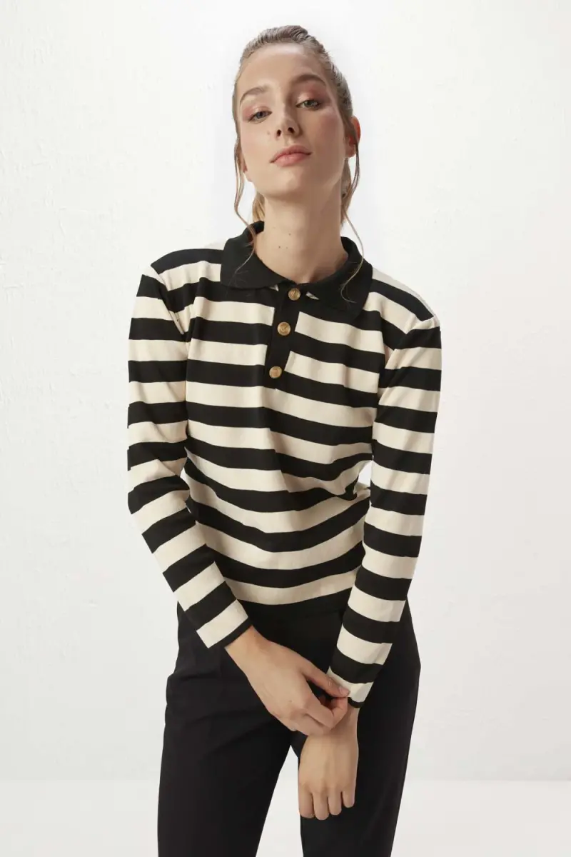 Polo Collar Striped Sweater - Black - 1