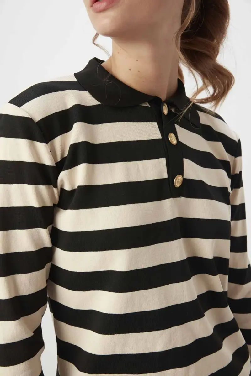 Polo Collar Striped Sweater - Black - 4