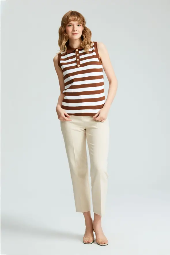Polo Collar Striped Sweater with Gold Buttons - Brown - 2