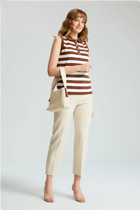 Polo Collar Striped Sweater with Gold Buttons - Brown - 4