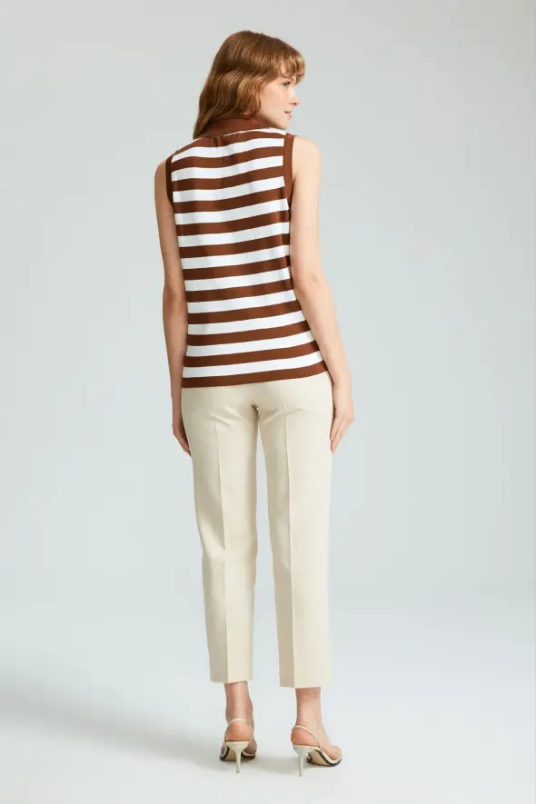 Polo Collar Striped Sweater with Gold Buttons - Brown - 6