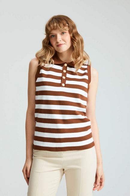 Polo Collar Striped Sweater with Gold Buttons - Brown Kahverengi