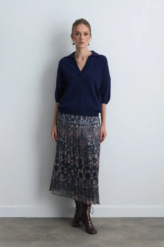 Polo Collar Wool Knit - Navy Blue - Gusto