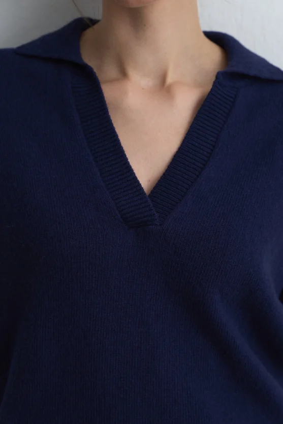 Polo Collar Wool Knit - Navy Blue - 3