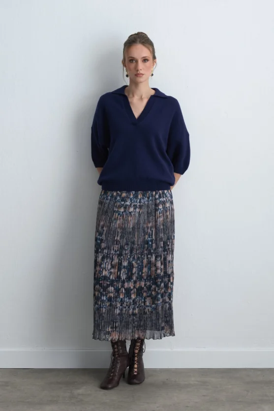 Polo Collar Wool Knit - Navy Blue - 4